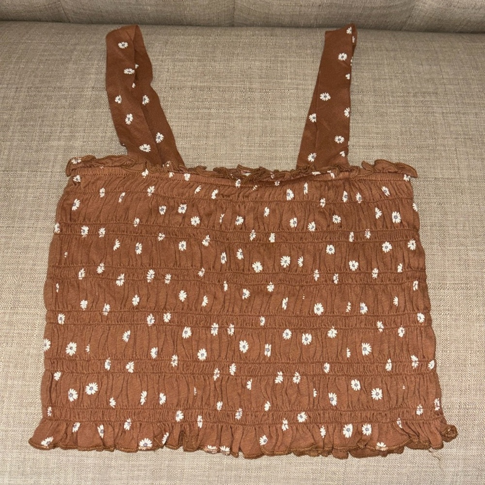 American Eagle XS Brown w Flower Detail Cropped Tank Top